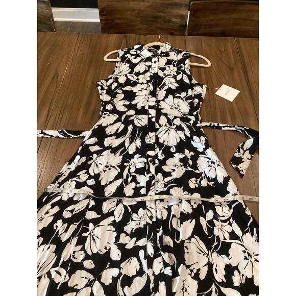 Ellen Tracy Sleeveless midi Shirt Dress Self Tie Sash black white floral blossom - Picture 8 of 12